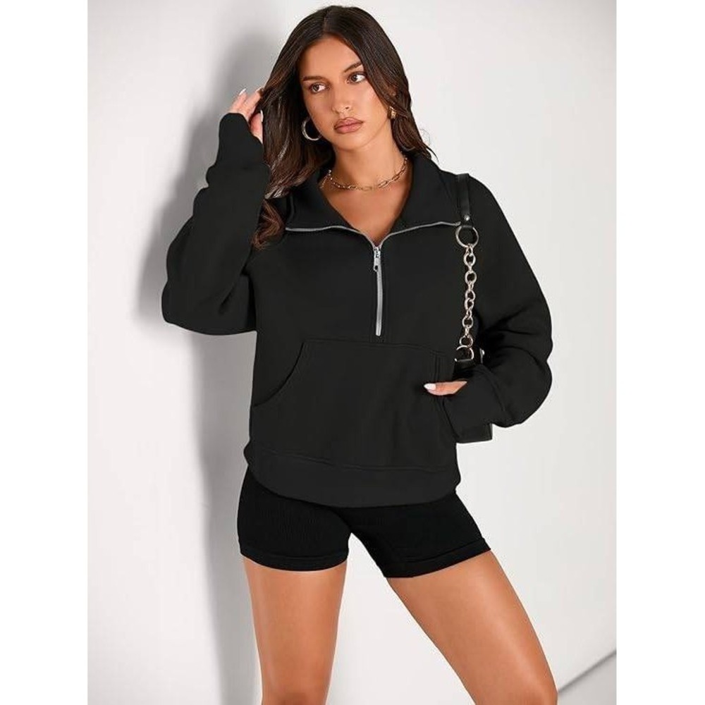 Automet Black Quarter Zip Sweatshirt Cropped Kangaroo Pocket Long Sleeve Women M